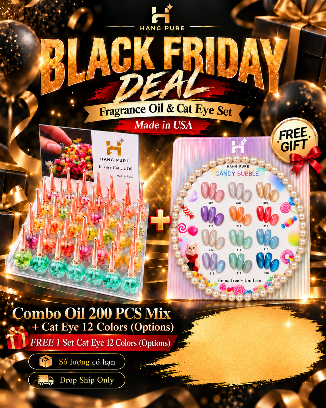Combo 200 Cuticle Oil Free Set Bubble Candy  Cat Eye 12pcs