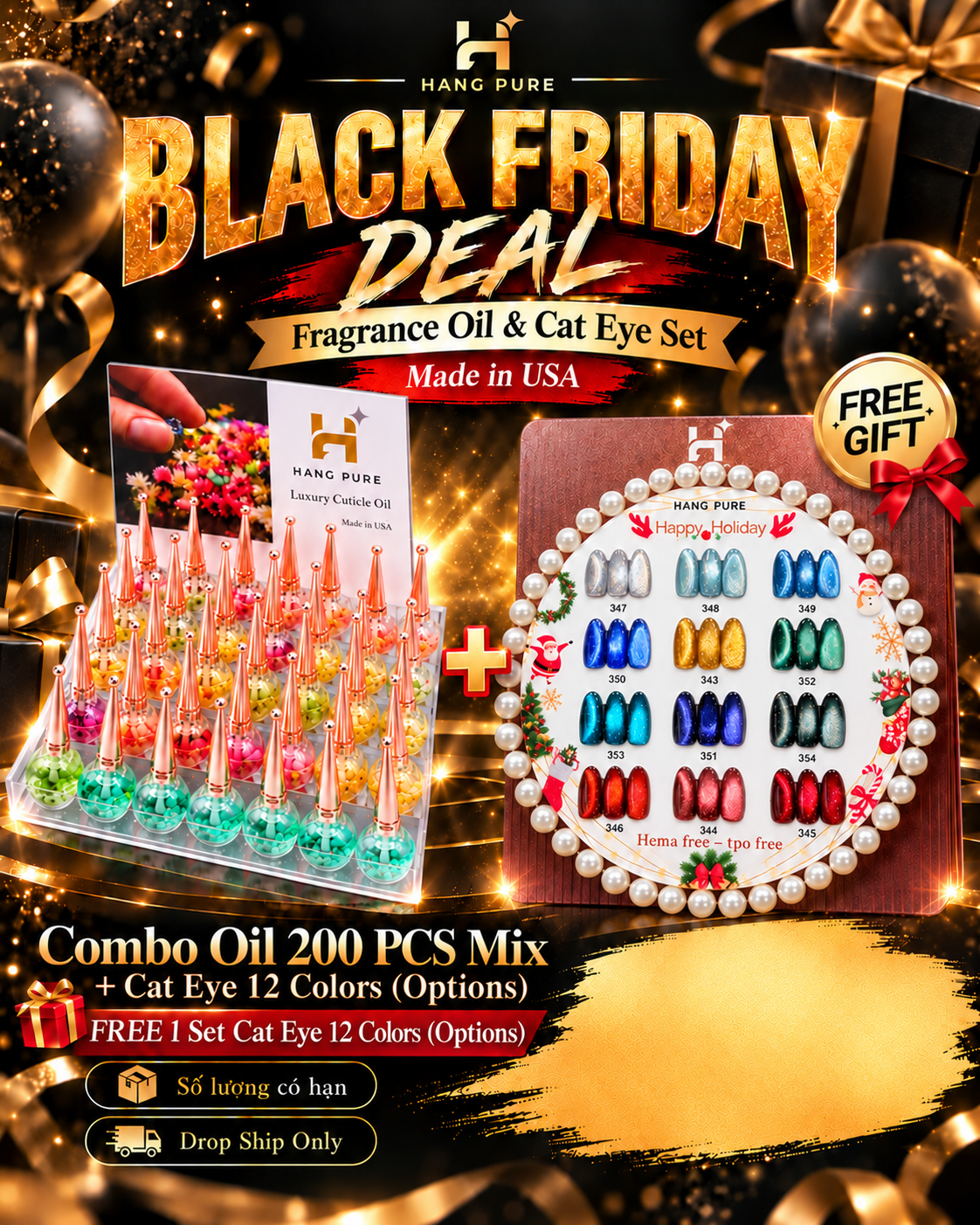 Combo 200 Cuticle Oil Free Set Happy Holiday Cat Eye 12pcs