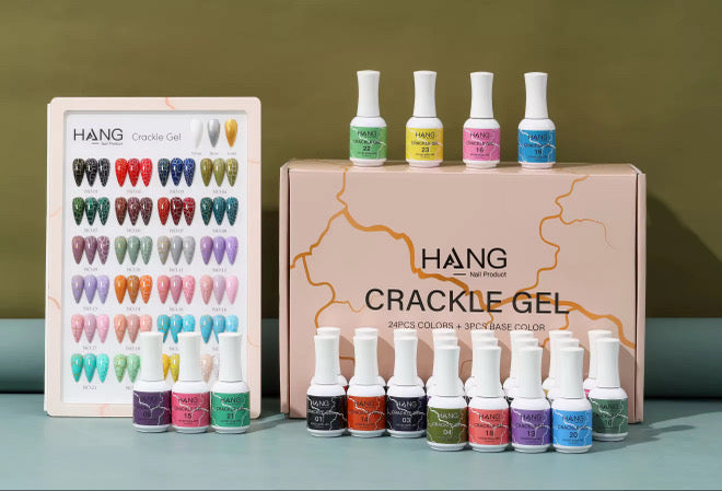 Crackle Gel Collection – 27 Colors | 24 Gel Polish + 3 Base Colors + Display