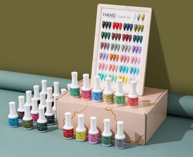 Crackle Gel Collection – 27 Colors | 24 Gel Polish + 3 Base Colors + Display
