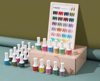 Crackle Gel Collection – 27 Colors | 24 Gel Polish + 3 Base Colors + Display